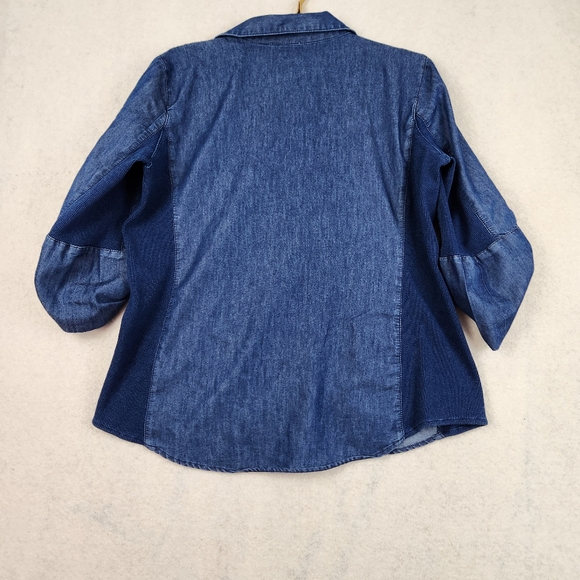 Kim Rogers Size Large Blue Denim Style Button Down Roll Tab Sleeve Casual Shirt - Picture 9 of 9